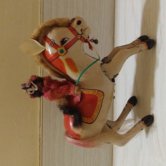 Vintage Monkey Riding Horse Tin Litho Wind Up Toy (Missing Key) - Picture 1 of 4